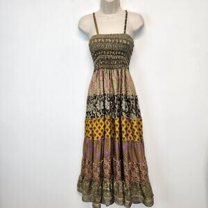 Jessica Taylor Tiered Patchwork Dress XS/S 100% Silk Smocked Flowy Boho Gypsy
